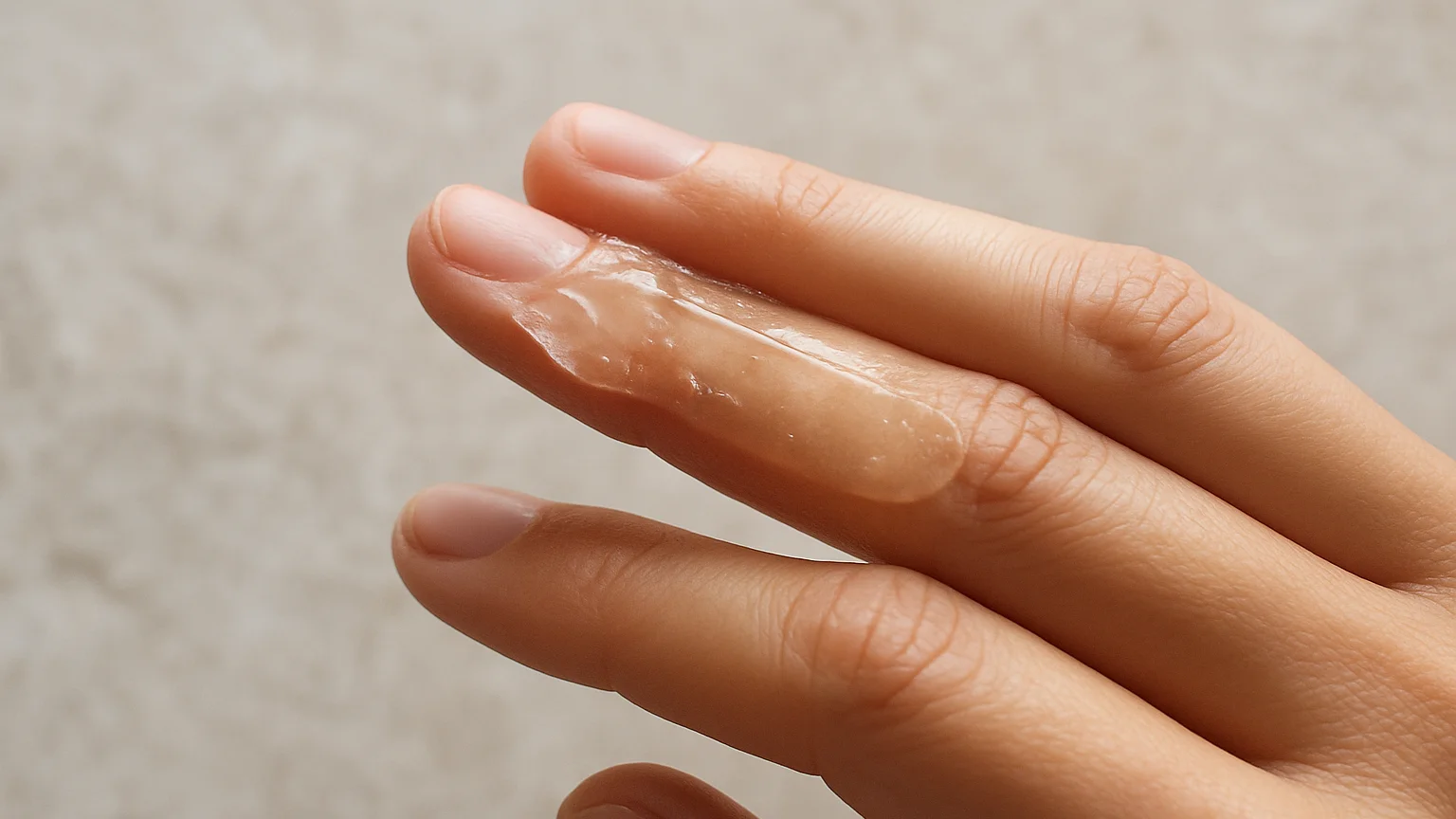 Détail macro d'un geste de nettoyage : gel transparent sur les do