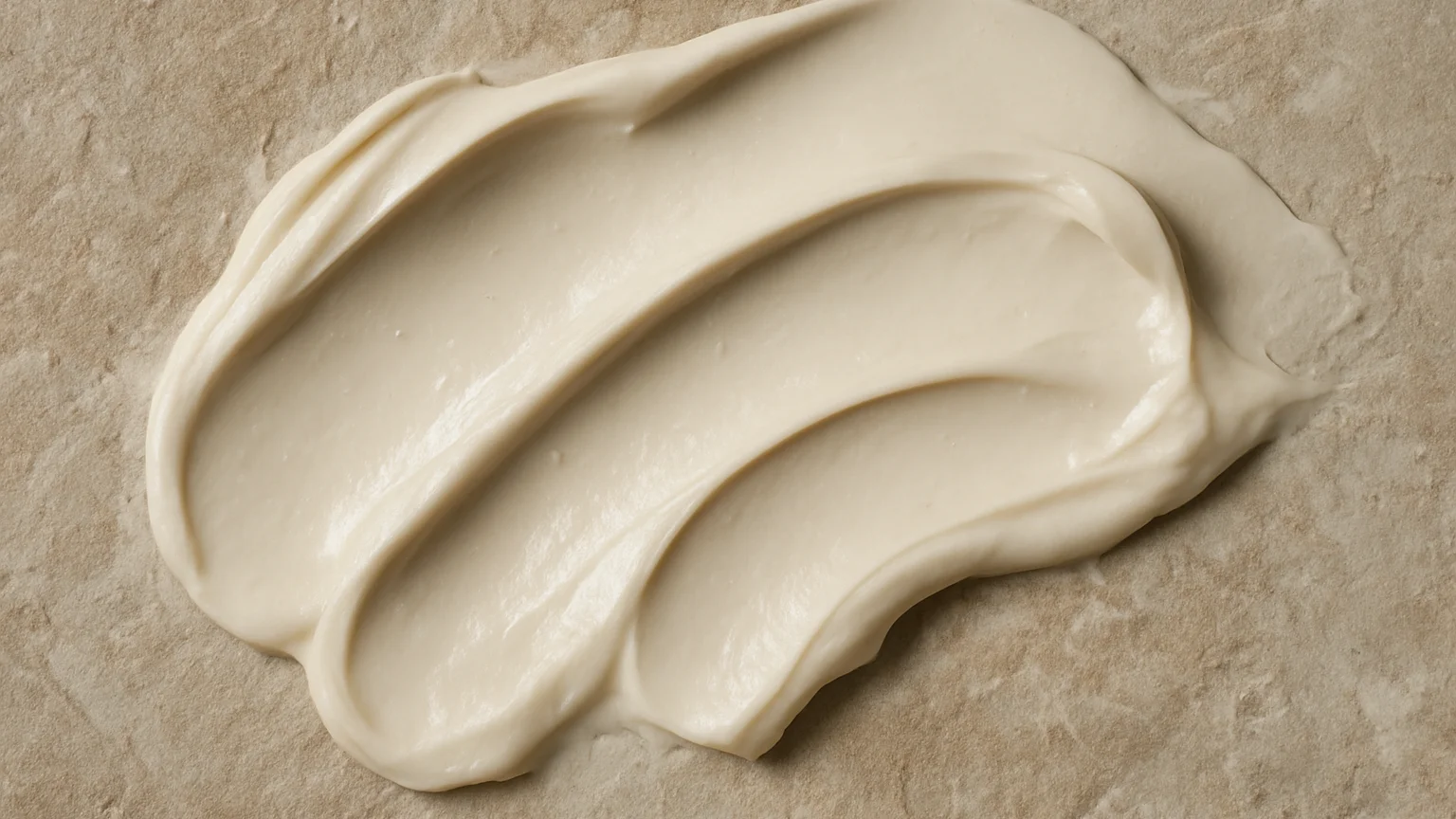 Texture de crème étalée sur une surface minérale, lumière naturel