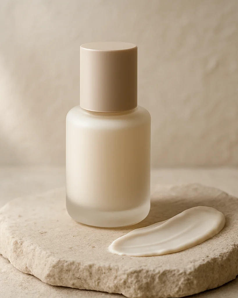 Photographie éditoriale de cosmétique : flacon de soin posé sur u